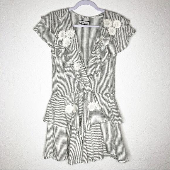 Innika Choo white black stripe floral embroidered ruffle linen dress 2 or Medium - Picture 3 of 16